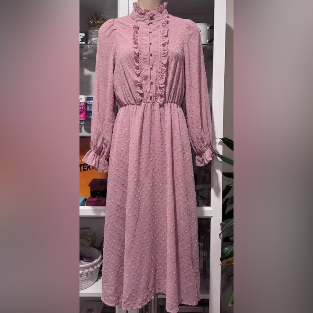Elgant blush Pink Long-Sleeve puff textured Dress